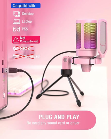 FIFINE USB Gaming PC Microphone for Streaming Podcasts, AmpliGame RGB Computer Condenser Desktop Mic, Cardioid Pattern for YouTube Video, Plug and Play on PS4 PS5, with Quick Mute, Mic Gain-A6V Pink
