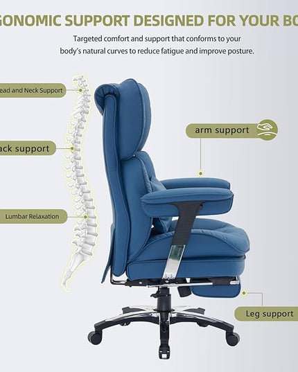 Efomao Big and Tall Office Chair with Footrest – High Back Computer Chair with Adjustable Armrests，Executive Office Chair with Wide Seat, Modern Desk Chair for Home Office, Gaming, or Study, Blue