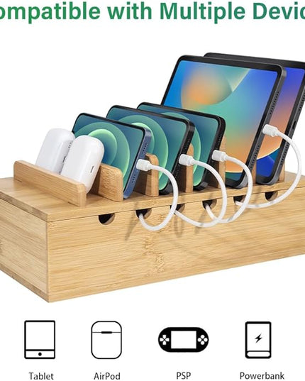 Bamboo Charging Station for Multiple Devices, Desk Docking Stations Organizer Compatible with iPhone Devices, Wood Charging Cell Phone Holder Stand (Includes 6 Cables) (NO Power Supply)