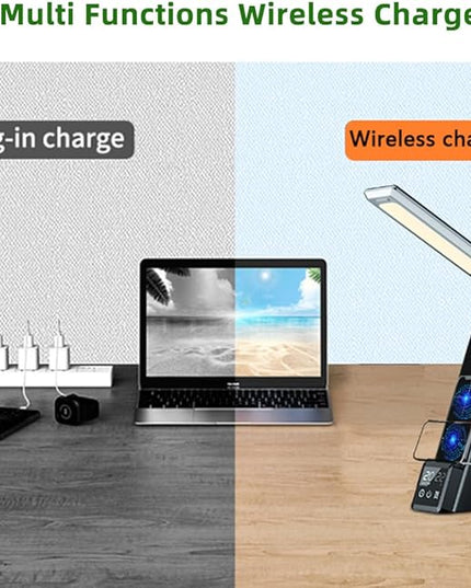 IHAO 6in1 Multifunctional Foldable LED Table Lamp with Wireless Charger Digital Alarm Clock Eye-Care Lighting 3 Color Modes 15W Qi Charger for Phone/Headphones, iWatch Charger Compatible-N61Black