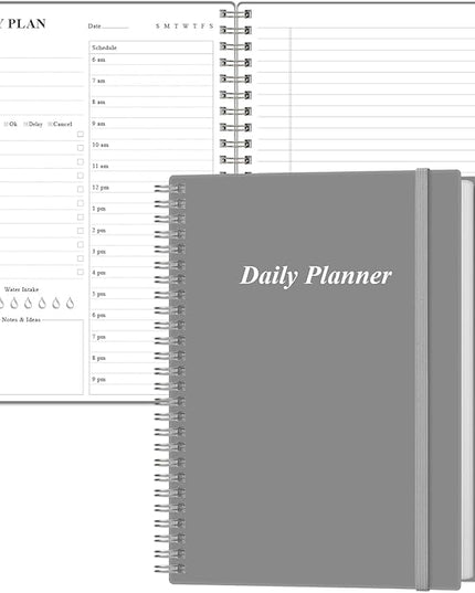 Daily Planner Undated - B5 To Do List Notebook Hourly Schedules, Spiral Appointment Planner for Women and Men, PVC Hardcover, Inner Pocket, Elastic Closure, 7" x 10", Grey