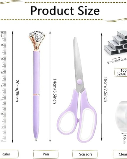 Office Supplies Set,Desk Accessories,Stapler and Tape Dispenser Set,1000 Staples,Staple Remover,Hinder Clips,Ruler,Scissor,Clear Tape,Ballpoint Pen,Sticky Notes,Gifts for Colleagues(Purple)