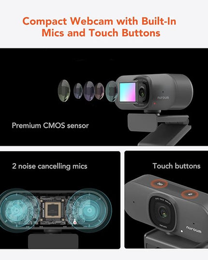 NUROUM V15AF 2K Webcam for PC, 1080P 60fps Autofocus HD Webcam with Dual Noise Cancelling Microphone, 75° FOV&Light Correction, USB Web Camera Plug&Play for Zoom/Teams,Grey