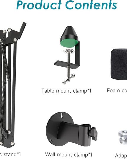 YOUSHARES MV7 Wall Mount Boom Arm Stand with Mic Windscreen and Table Mount Clamp, Mic Stand Arm with Pop Filter Compatible with Shure MV7 and Shure MV7X Microphone
