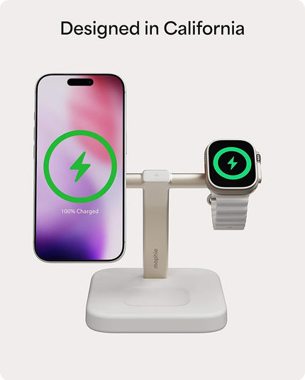 Mophie 3-in-1 Wireless Charging Stand - Qi2-Certified, MagSafe Charger for iPhone, Apple Watch & AirPods – Fast Charging Station with Adjustable Phone Stand & Cable Management – Up to 15W Power, White