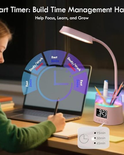 WILIT LED Desk Lamp for College Dorm Room Essentials, Students Study Lamp with Charging Station, Pen Holder, Clock & RGB Night Light, Office Desk Accessories, Table Lamp for Bedroom - Pink
