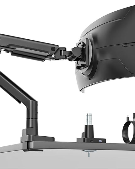 monTEK Sleek Aluminum Monitor Arm for 17–57” Ultrawide Screens up to 59.4 lbs, USB 3.0 A/C, Heavy Duty Single Monitor Arm Desk Mount, Pneumatic Lift, Quick-Release Plate, Clamp/Grommet, VESA 100x100