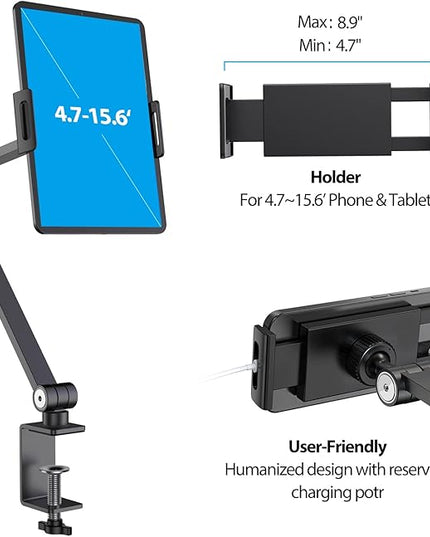BEWISER iPad Desk Mount, Tablet Stand Holder for Desk or Bed,Rotate 360 Degrees of Flexible, Height and Angle Adjustable, Aluminium Alloy Arm Clamp Mount Compatible with4.7-15.6" Screen (Space Gray)