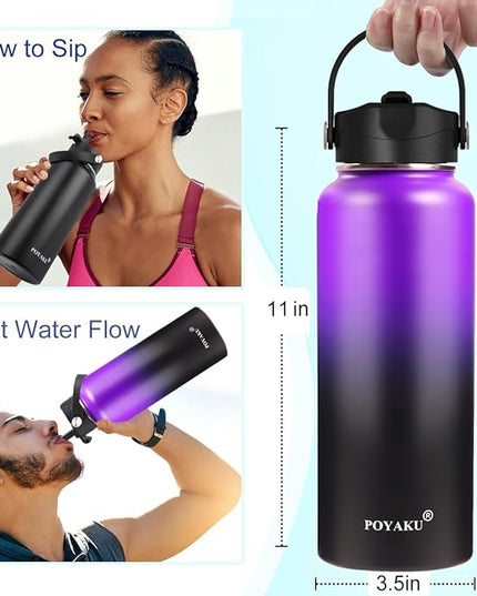Water Bottle Insulated 32oz 40oz 64oz 128oz Straw Lid Spout Lid & 3 Lids, Leak Proof, Vacuum Insulated,Stainless Steel Water Bottle Wide Mouth for Sports, Gym or Office