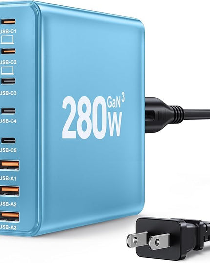 280W USB C Charger Block, 8-Port USB C Charging Station GaN III PD 65W Laptop Charger Adapter Compatible with MacBookPro/Air,DELL,iPad,Portable Charging Station for iPhone,Samsung Galaxy(Blue)