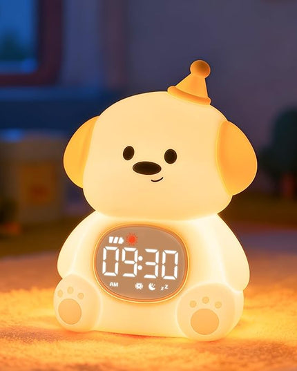 Dog Alarm Clock with Night Light for Kids with Sleep Training and Sound Machine, Rechargeable Silicone Lamp OK to Wake Clock，Cute Animal Tabletop Lamp, Perfect Sleep Companion for Boys Girls