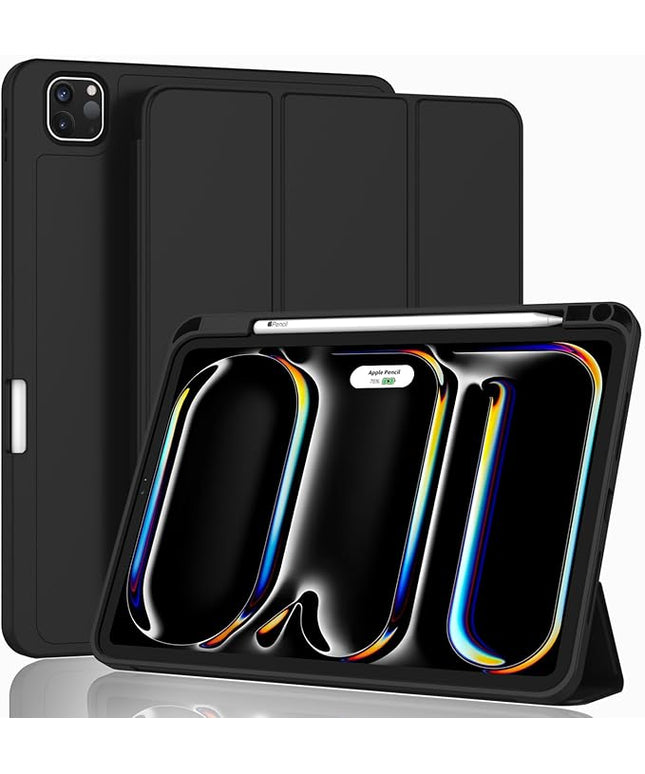 ZryXal iPad Pro 11 Inch Case (M5) 2025/ (M4) 2024 (Model: A3357,A3358,A3359,A2836/A2837/A3006), Trifold Stand Smart Cover with Pencil Holder and Soft TPU Back, Auto Wake/Sleep (Black)