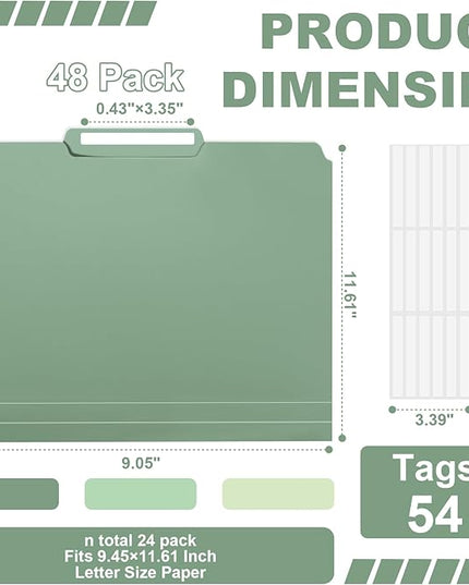48 Pack Colored File Folders Plastic Green File Folders Letter Size 1/3 Cut Tabs File Folder with Sticky Labels Manila File Folders 8.5 X 11 for Documents Office School Organizer(8 Per Color)