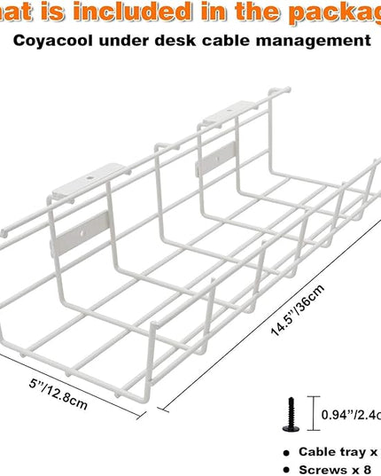 Under Desk Cable Management- 4 Pack Cord Organizer. Metal Wire Cable Management Tray for Office, Studio and Home. Super Sturdy Under Table Cable Managements - White Cable Organizer