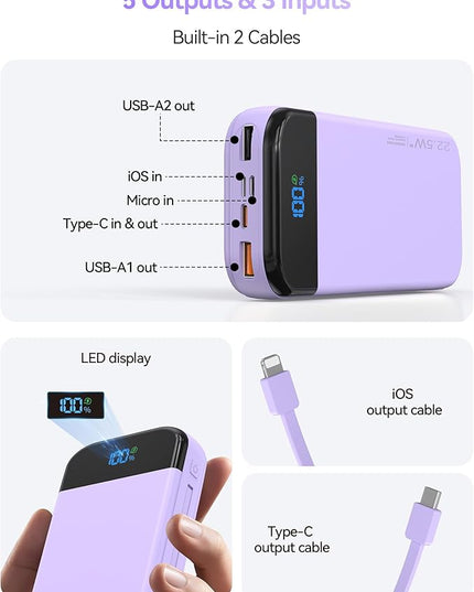Portable Charger Power Bank Built-in Cables, 32000mAh 22.5W USB C Fast Charging, 5 Outputs 3 Inputs Travel Essentials Battery Pack Compatible with iPhone, iPad, Samsung, Google Pixel, Purple