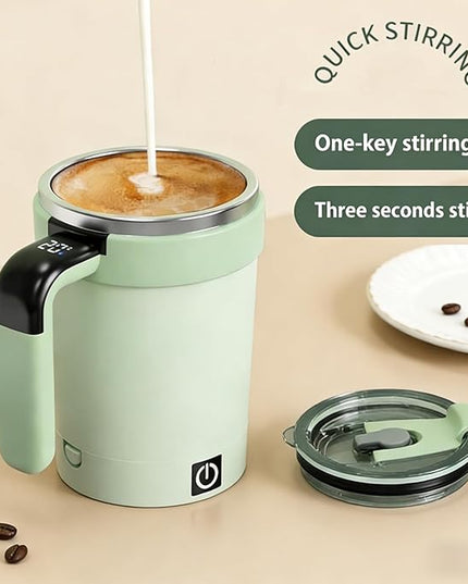Self Stirring Coffee Mug with Lid,304 Stainless Steel Self Stirring Cup,Rechargeable Coffee Mug with Temperature Display,Suitable for Home and Office (Green)