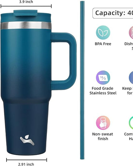 40 oz Tumbler with Handle and 2 Straws,2 in 1 Lid Insulated Water Bottle Stainless Steel Travel Coffee Mug,Indigo Black