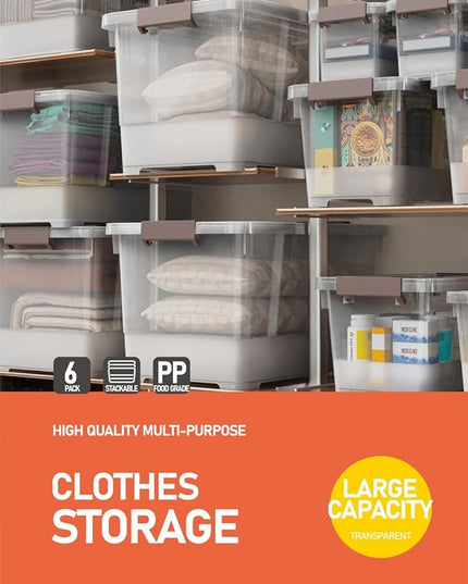 53 quart Clear Plastic Storage Bin with Lids and Latch Buckle, Tote Organizing Box Stackable and Nestable, Set of 6