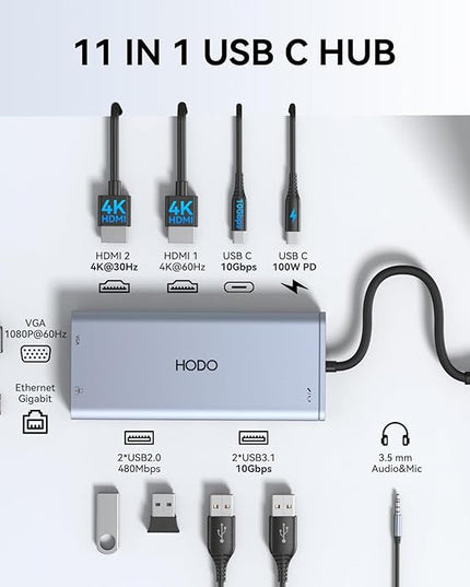 USB C Docking Station Dual Monitor for Dell HP, Laptop Docking Station 3 Monitors USB C Hub Dock to 2 HDMI 4K, VGA,Ethernet,10Gbps USB A/C Port, 100W PD Port, Audio, Type C Adapter 11 in 1 for Lenovo