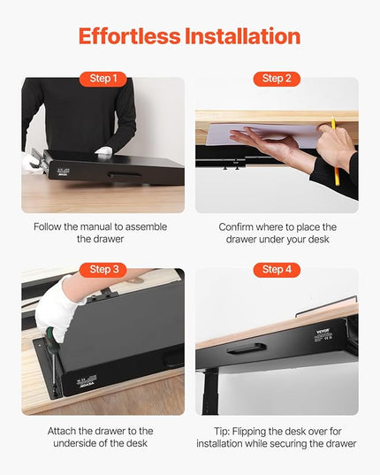 VEVOR Under Desk Drawer Slide Out, 22 inch Under Desk Mounted Pull-out Drawer Attachment, Hidden Under Counter Drawers for office Home Sit Stand Workstation, Black