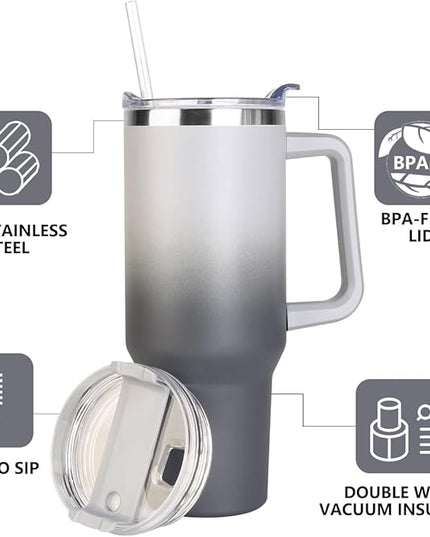 SYACOT 40 oz Tumbler with Handle and Straw Stainless Steel Insulated Tumbler Leak Proof Lid and Straw Lid Reusable Travel Mug Coffee Mug Cup Dishwasher Safe Keep Drinks Cold and Hot (Grey&Black)