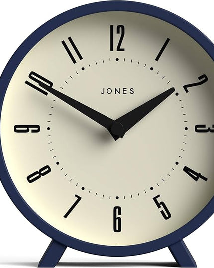 JONES CLOCKS® Venus Desk Clock | Modern Round Design | Blue | Stylish Retro Look for Shelf, Table, Mantel or Bedside