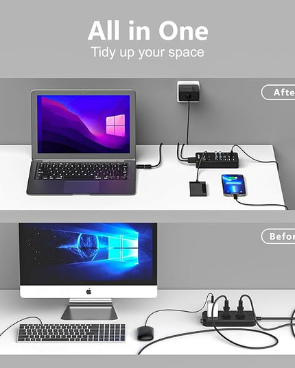 Powered USB Hub,14 Ports USB Data Hub Splitter with 6 USB 3.0 Port,4 Charging Port,1 USB-C 3.0 Data Port,1 PD 60W Charging Port w LED Individual On/Off Switches for MacBook,Mac Pro,Laptop/PC