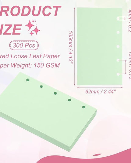 PATIKIL Colored Loose Leaf Paper, 4.1" x 2.5"(A8) 300 Sheets 5 Holes Punched 150GSM Blank Binder Refill Paper Supplies for Office Note Taking Teacher Planner Journal Notebook, Light Green