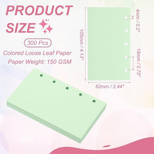 PATIKIL Colored Loose Leaf Paper, 4.1" x 2.5"(A8) 300 Sheets 5 Holes Punched 150GSM Blank Binder Refill Paper Supplies for Office Note Taking Teacher Planner Journal Notebook, Light Green