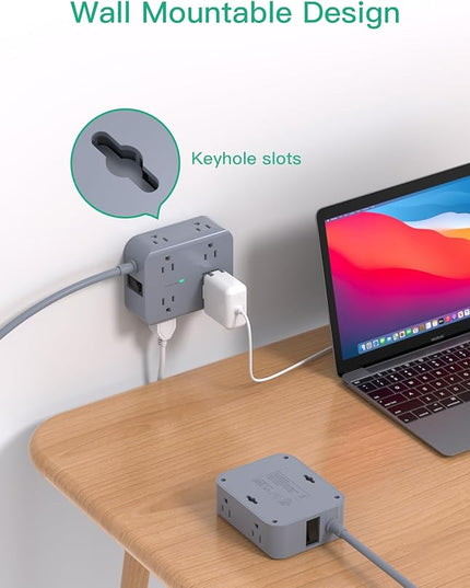 Power Strip Surge Protector - Flat Plug, Wall Mount, 8 Wide Outlets with 4 USB Ports (2 USB C), 5FT Heavy Duty Extension Cord with Multiple Outlets, Charging Station Home Dorm Office Accessories Gray