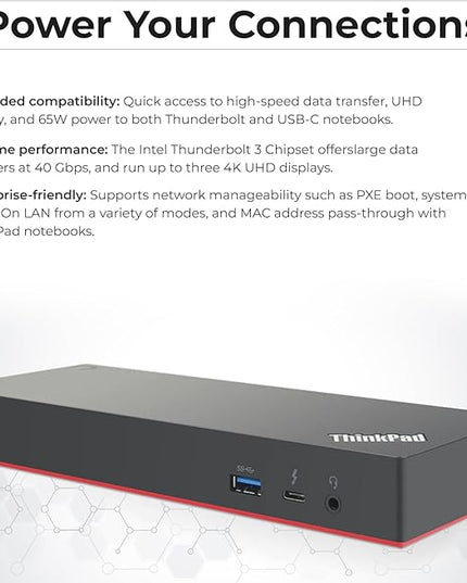 Lenovo 40AN0135US Dock 135W Bundle - Gen 2 Dual UHD 4K Display with 135W Power Adapter + 4K HDMI Cable + 4K DisplayPort Cable + Thunderbolt Cable + Microfiber Cloth - Lenovo Docking Station (Renewed)