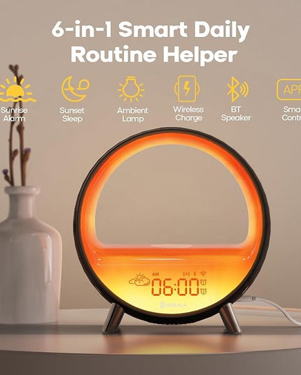 Dekala Arches Sunrise Alarm Clock Sunset White Noise Sound Machine Sleep Timer Loud Alarm Clock for Heavy Sleepers Natural Sound Wake-Up Light 15W Wireless Charging Customizable Snooze 5G WiFi App
