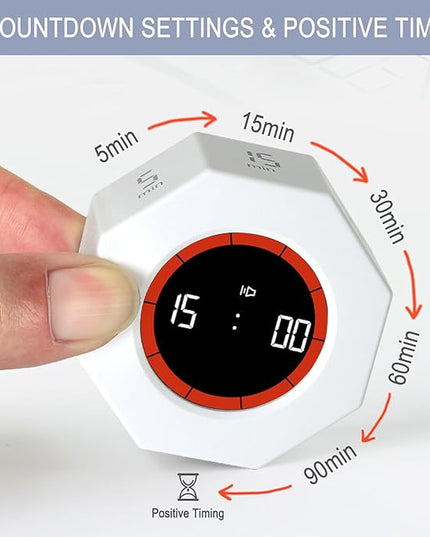 GuDoQi Digital Productivity Timer, Octagon Rotating Pomodoro Timers with Gravity-sensor, 1-3-5-15-30-60-90 Min Countdown, Portable Adjustable Sound Alert Multi Desk Timer or Study Task, Kitchen, White