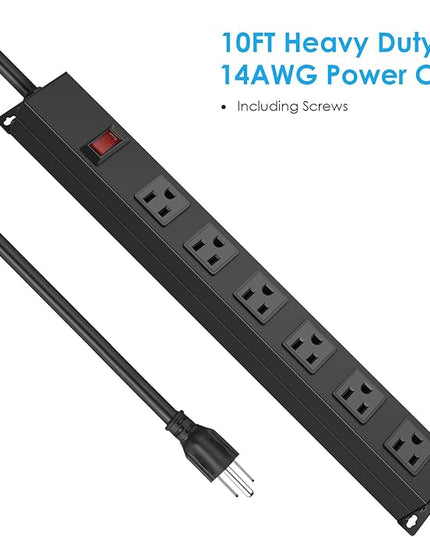 Metal Wall Mount Power Strip, Mountable Power Outlet with 6 AC Outlets, Aluminum Alloy Mount Power Socket with Switch, 10 FT SJT 3/C 14AWG Power Cord, 15A 125V 1875W (6AC) Black