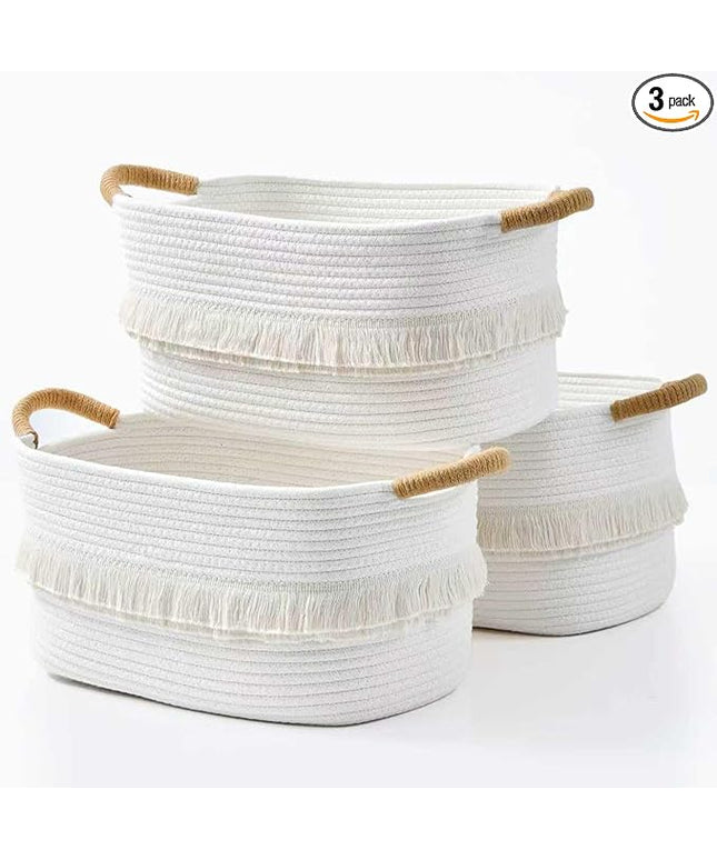 Storage Bins Woven Baskets for Storage Set of 3, Cotton Rope Basket with Handles for Toys/Shelves/Laundry, Rectangle Multi-Purpose Organizer for Living Room, Bedroom, Nursery (White)