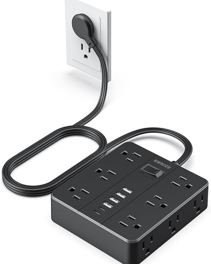 Power Strip Flat Plug with 12 Outlets 6 USB(2 USB C),SMNICE Surge Protector Charging Station with Overload Protection,5ft Extension Cord Widely Spaced Multiple Outlets for Home Office Dorm,Black