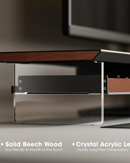 Fenge Dual Monitor Stand with Drawer, 42.5 Inch Large Monitor Riser with Acrylic Legs Supports, Computer Stand for Desk, 2 Tier Wood Desk Shelf with Storage Organizer for PC, Laptop, Printer, TV