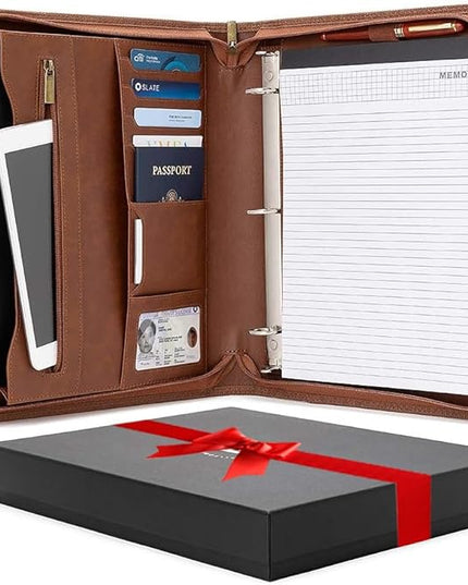 Forevermore Portfolios Padfolio Binder - Professional Faux Leather Travel Organizer Pouch for Tablet, Documents, Presentation Folders, Zipper Closure, Removable 3-Ring Notepad - Brown