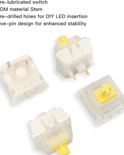 Gateron Milky Yellow Pro Keyboard Switches, Linear 5 Pin 50gf RGB LED Factory Pre Lubed Key Switches for MX Mechanical Keyboard(108Pcs)