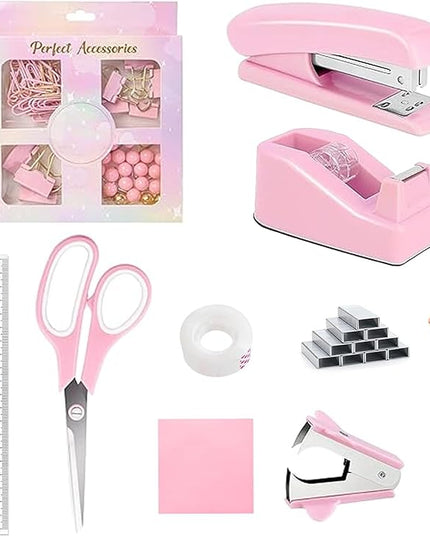 suniya Office Supplies,Desk Accessories,Tape Holder,Stapler,Scissor,Staple Remover,Box of Binder Clips,Staples,Ballpoint Pen,Sticky Notes,Clear Tape,Ruler,Office Supplies Set Pink