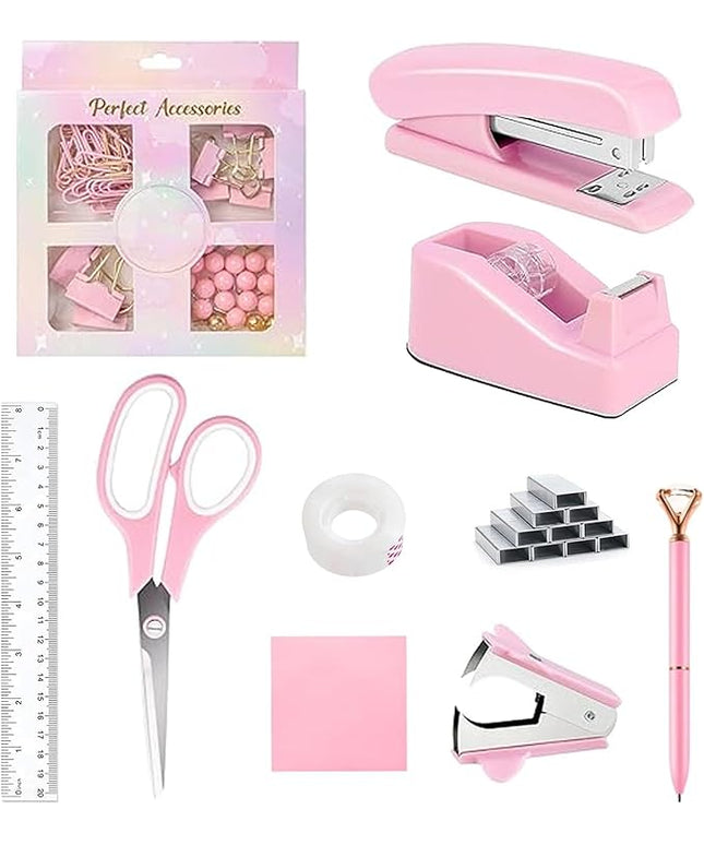 suniya Office Supplies,Desk Accessories,Tape Holder,Stapler,Scissor,Staple Remover,Box of Binder Clips,Staples,Ballpoint Pen,Sticky Notes,Clear Tape,Ruler,Office Supplies Set Pink