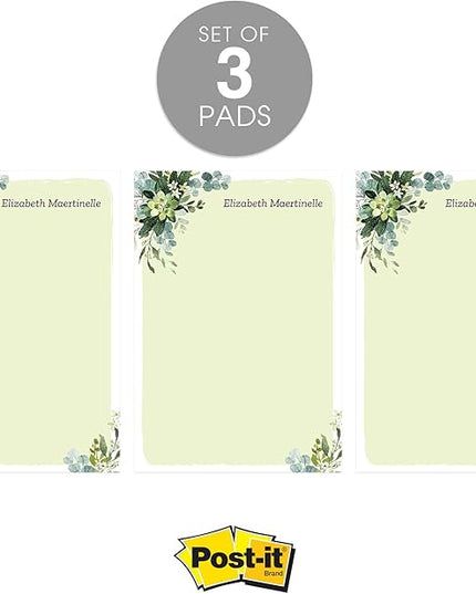 Modern Greenery Personalized Sticky Note Pads / 4" x 6" Repositionable Sticky Note Set/Set of 3 Illustrated Custom Botanical Pads