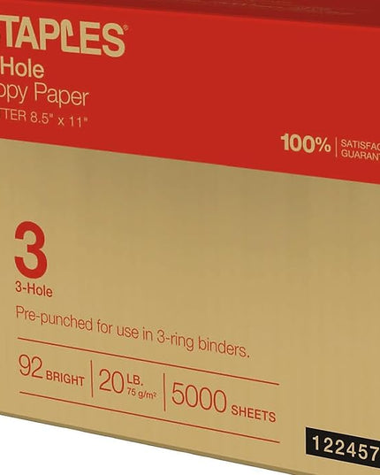 Staples Copy Paper, 8 1/2" x 11", 3 Hole Punched, Case