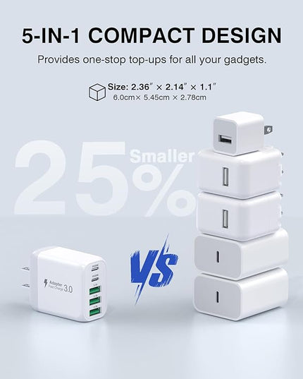 USB C Wall Charger Block, 2Pack 60W 5-Port C Charger Fast Charging Block PD Power Adapter +QC 3.0 Multiport Type C Box Brick Cube USB A Wall Plug for iPhone 15/16/17 Pro Max Plus, iPad,Samsung Galaxy