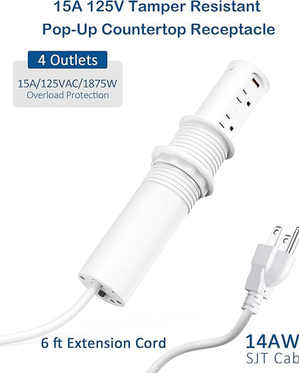 Jgstkcity 2.5 inch Hole Pop up Outlet for Countertop,20W USB C,4 USB Ports,4 Outlets 15Amp Receptacle Flush Mount,Space Saver Recessed Outlet,1875W,ETL Listed,2 PCS (White, 20W USB)