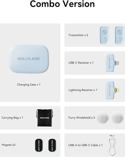 Hollyland Lark A1 Wireless Mini Microphone for iPhone & Android, 48kHz/24-bit, 3-Level Intelligent Noise Cancel, Microphone for YouTube, Podcast, Vlogging (Blue, 2TX + 2RX + Charging Case)