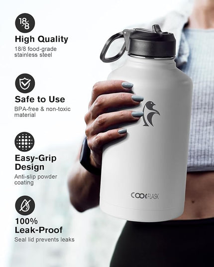 Coolflask Half Gallon Water Bottle Insulated with Straw & 3 Lids, 64 oz Water Jug Large Metal Stainless Steel Wide Mouth for Sports, Gym or Office, Non-BPA Keep Cold 48H Hot 24H, White
