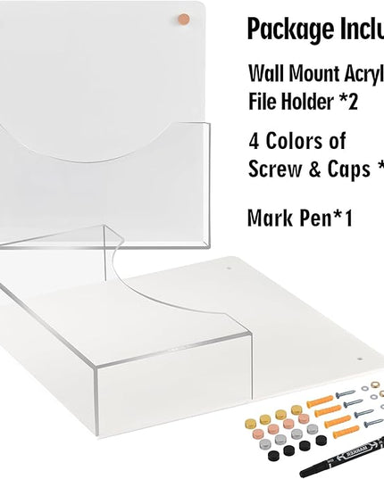 PecMuikee Wall File Organizer, Vertical Acrylic Mail Magazine Holder Wall Mount, 4 Colors of Screw Caps Included Hanging File Organizer for School, Office, Hospital, 2 Pcs