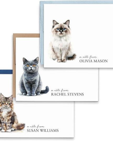 Personalized Stationery Folded Note Cards With Cats, FOLDED Watercolor Cat Stationery Card and Envelopes Set, Custom Gifts For Cat Lovers, Kitten Notecards, Your Choice of Colors and Quantity