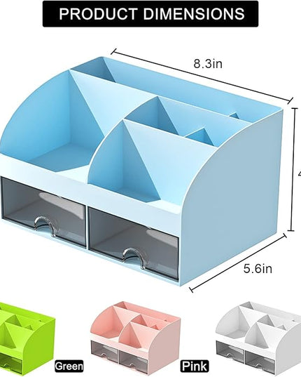 Desk Organizer with 6 Compartments and 2 Drawers, Plastic Makeup Organizer, Pen Holder for Desktop Storage, Desk Organization for School, Home, Office Supplies (Blue)